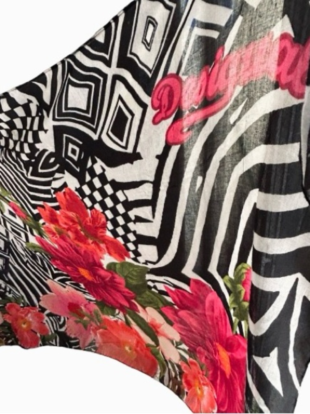 DESIGUAL Floral Sem-Sheer Scarf Wrap Pink Black Designer Vintage Boho Bohemian